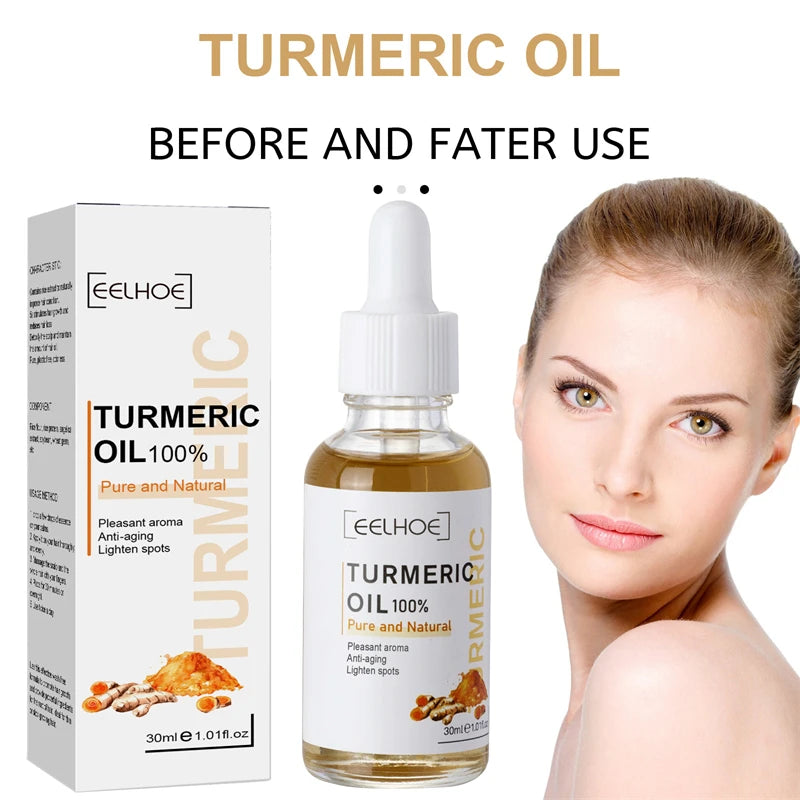 Serum visage au curcuma. Ressere les pores. Repare la mélanine, éclaircit et hydrate. Huile de curcumine nourrit pour attenuer les tâches brunes.